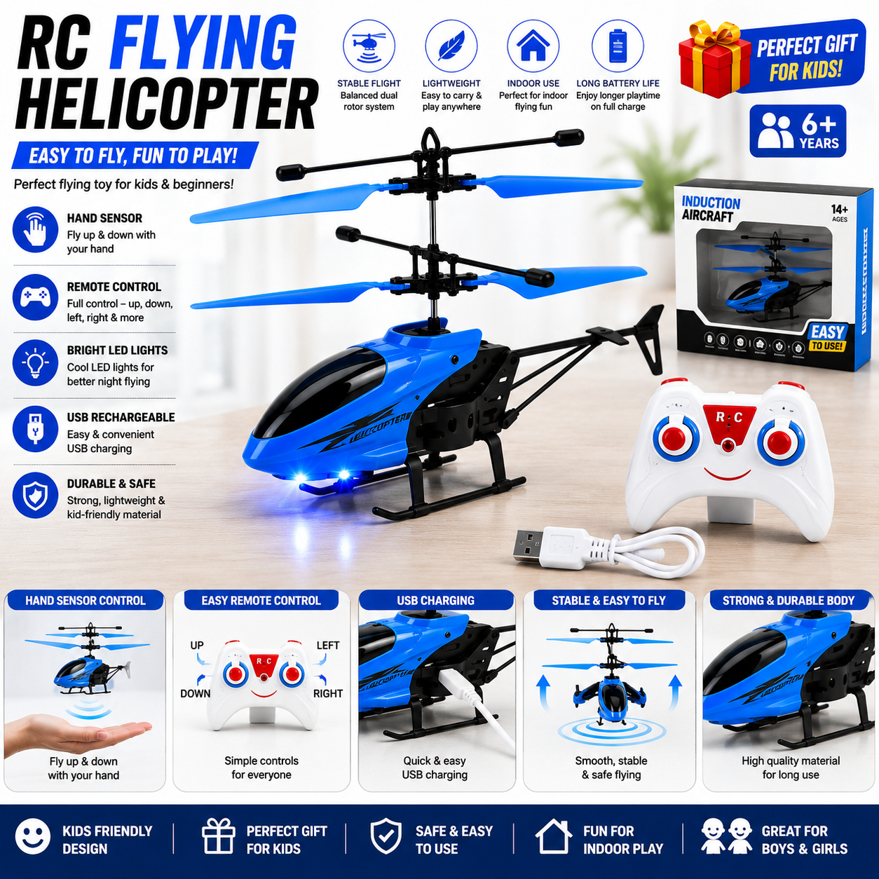 Remote Control RC Helicopter Toy Rechargeable USB Charging LED Light Flying Helicopter for Kids Boys Girls Indoor Gift