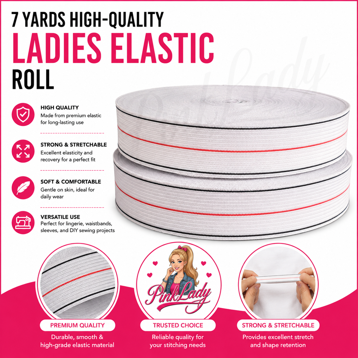 7 Yards High-Quality Ladies Elastic Roll | Soft Stretch Elastic Band for Sewing, Waistbands, Trousers, Skirts, Salwar, DIY Crafts & Tailoring