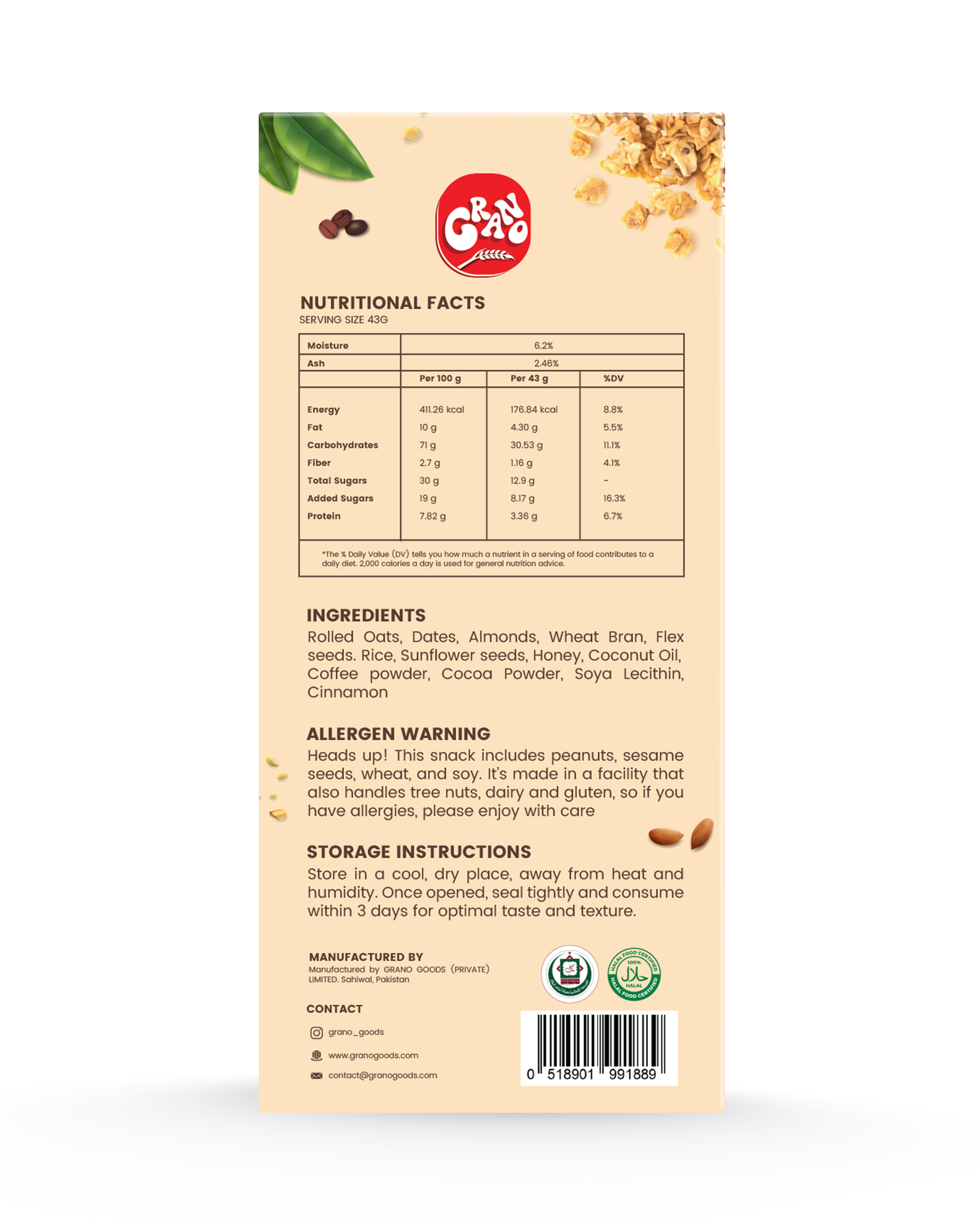 Grano Coffee Almond Granola Bar | Healthy Oats Bar with Nuts | Natural Energy & Protein Bar