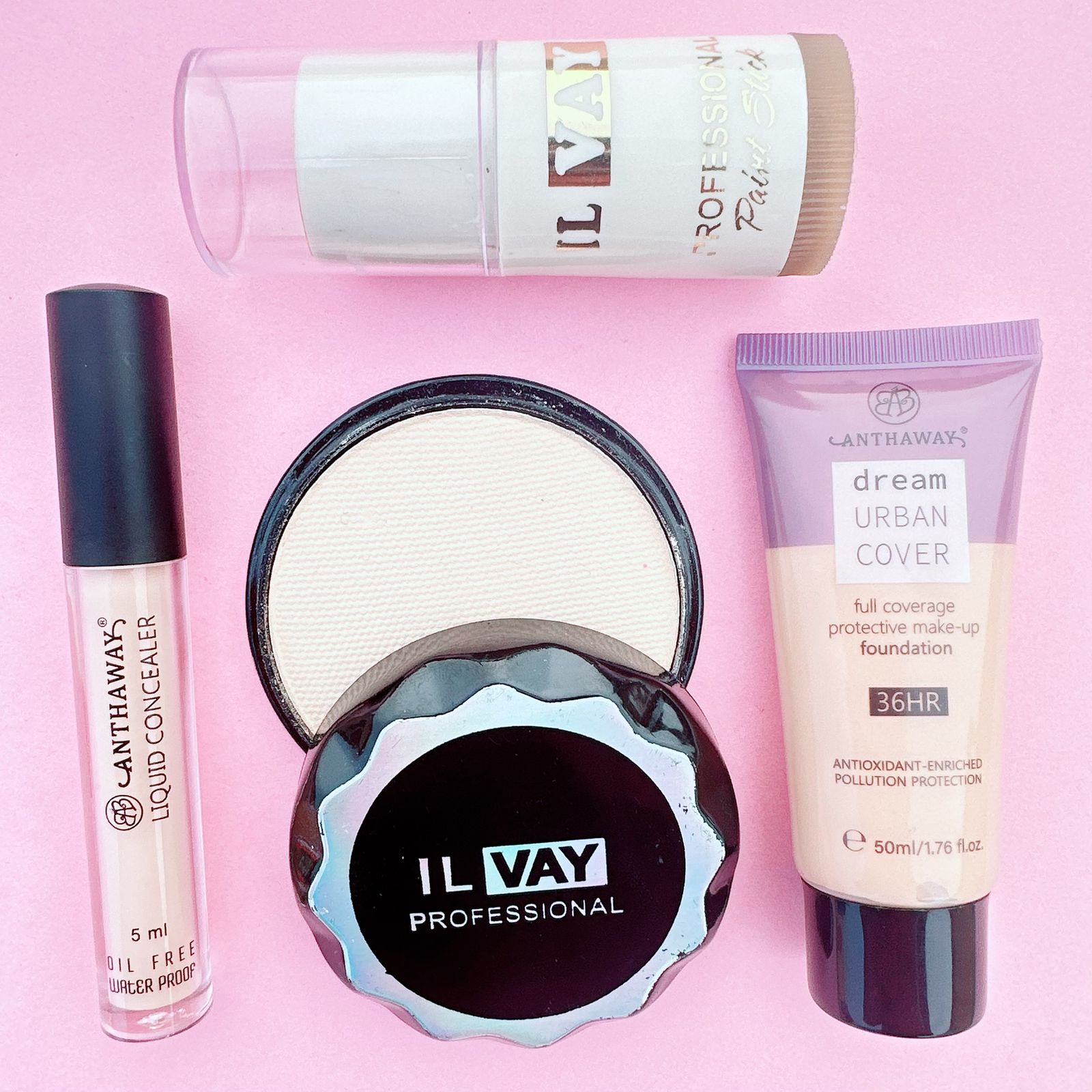 AnthaWay Deal Of 04 - Matte Foundation Tube + Liquid Concealer + Foundation Stick +  Pan Cake