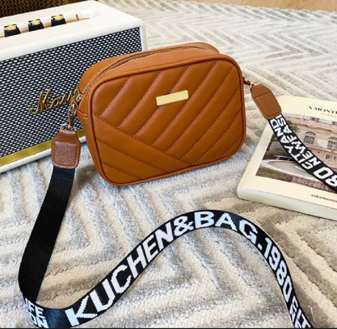 Quilted Crossbody Bag for Women with Logo Strap - Elegant Solid Pattern Shoulder Sling Purse