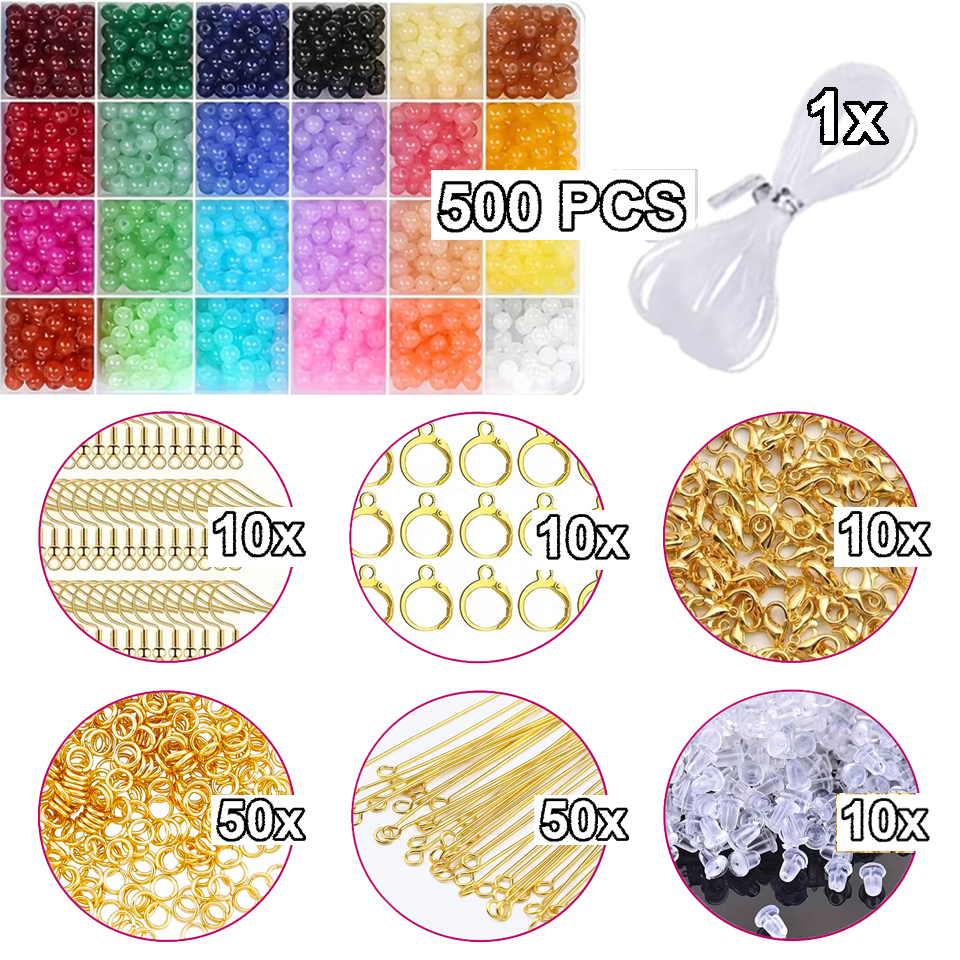 500+ PCS 8mm Glass Beads + 140 PCS DIY Jewelry Accessories For Bracelet Making Kit Handmade Bracelets, Earrings, Necklaces, Keychains and Craft Projects Kid Beads