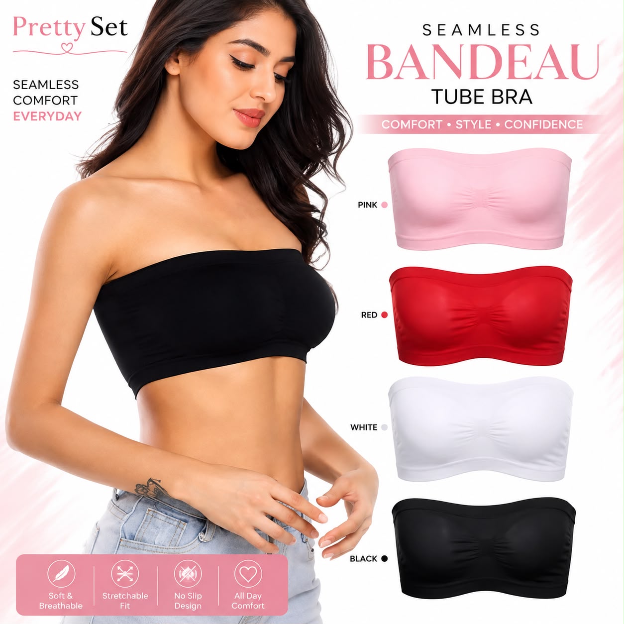 Stretchable Comfort Strapless Bra Non-Slip Soft & Perfect Fit Everyday Seamless Tube Bra