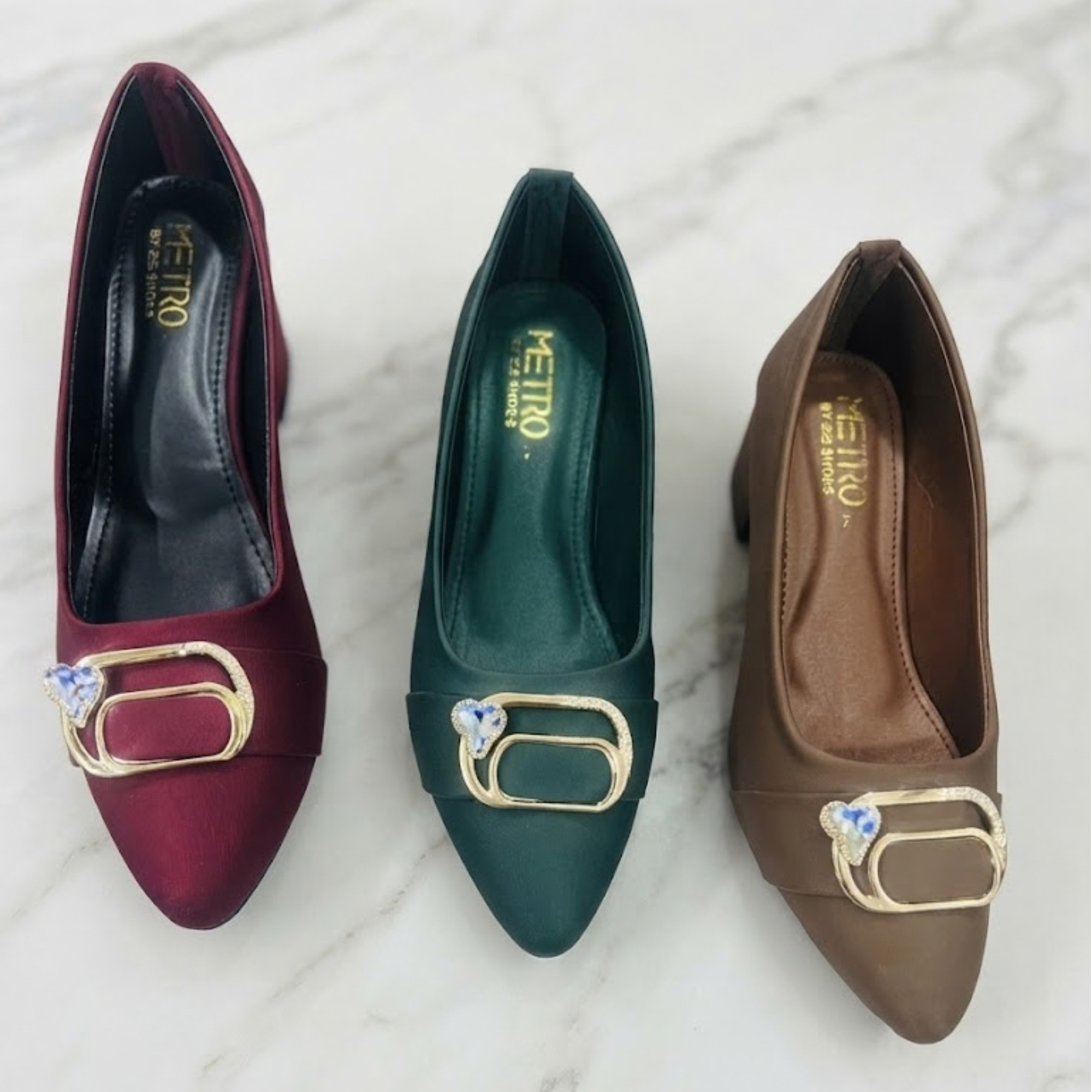 Women's Pointed Toe Pumps with Golden Buckle - Satin Finish Low Block Heel Fancy Court Shoes for Girls - Maroon, Green & Brown