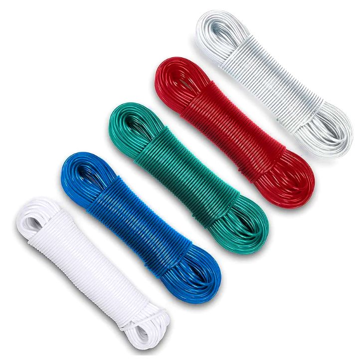 High Quality Clothes Hanging Rope Multiple Colours Laundry Dryer Clothes Rope .PVC coated strong metal wire length (10M , 15 M, 20 M)