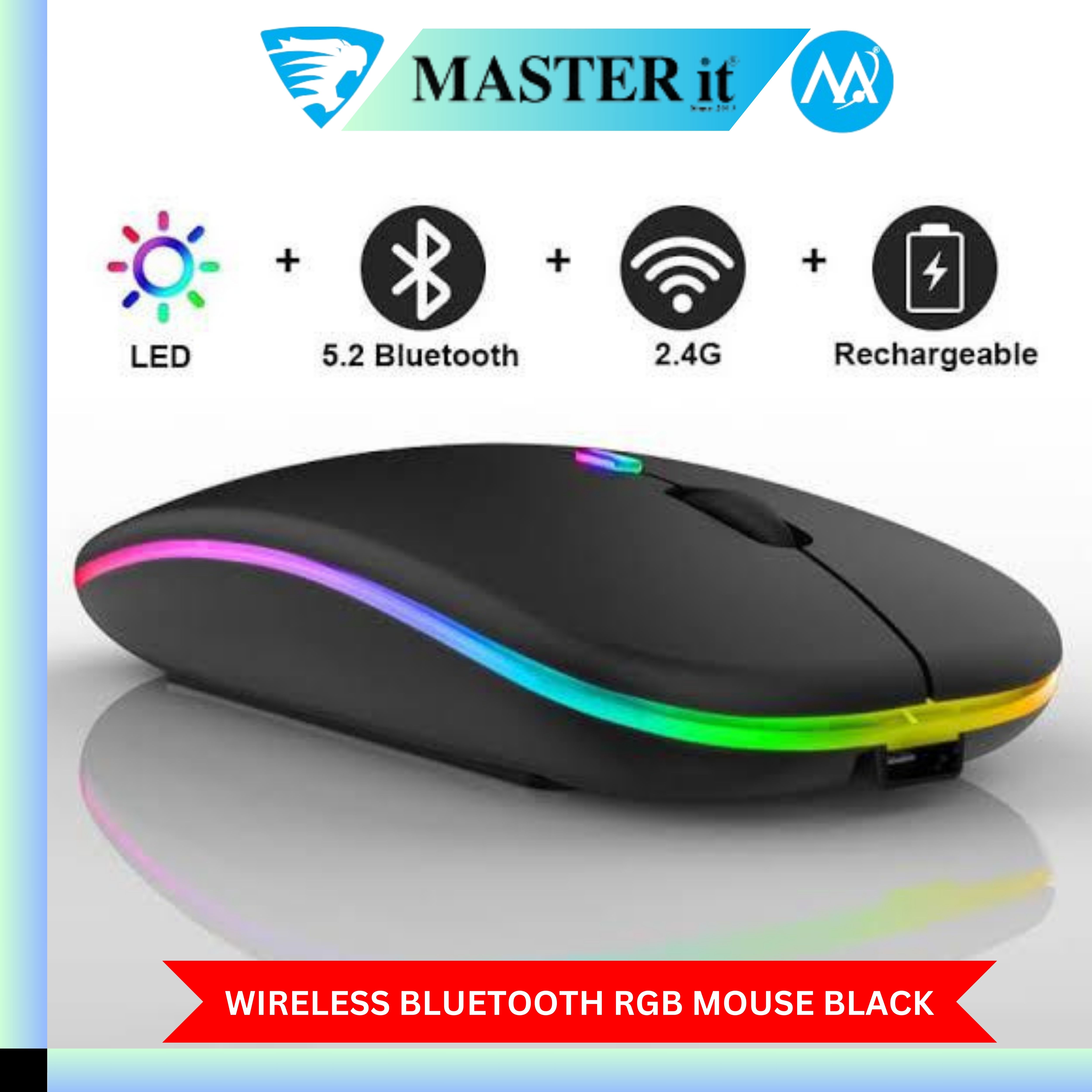 RGB Wireless Mouse - Slim & Silent 7 Colour LED Lights - Transparent & Black Body - Dual Mode 2.4G & Bluetooth Rechargeable Portable Optical Office Mouse With USB Receiver - 3 Adjustable DPI Levels for Notebook, PC, Computer, price in Pakistan