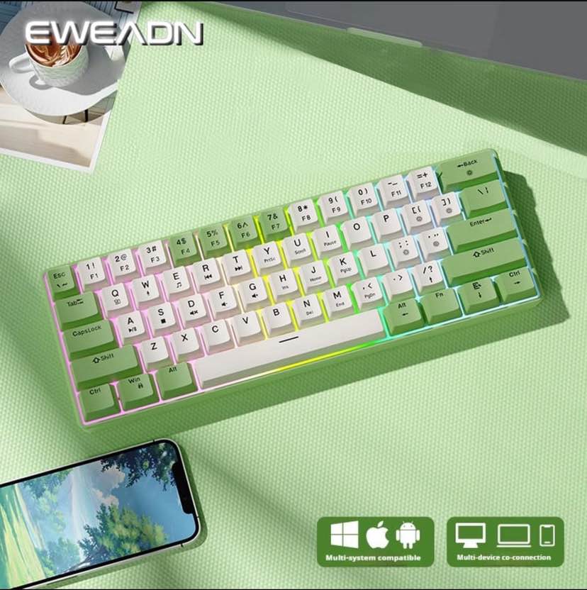 EWEADN G61 Wireless Keyboard Bluetooth/2.4G/USB Wired 60% Mechanical Gaming Keyboard RGB Backlit PBT Pudding Keycap blue switch wireless Mechanical Gaming Keyboard, 3 Tri-mode Connectivity 3 colours