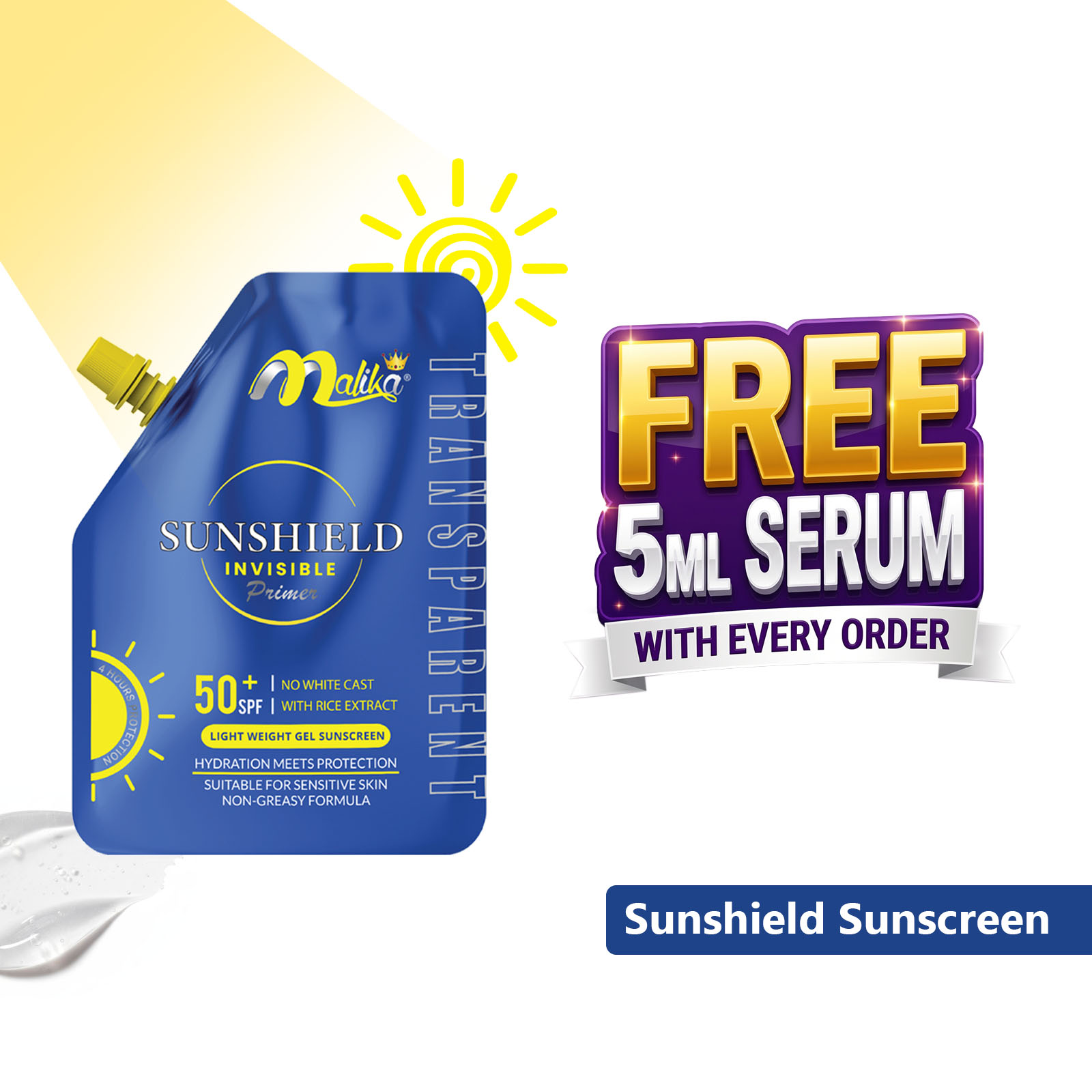 Instant Malika Sunshield Invisible Transparent primer Sunblock - Sunscreen - Primer - Sun Block - 2 In 1 - Sun Screen - Primer Makeup - Skin Hydrating And UV Protection - Sunblock For Oily Skin - Sunscreen For Oily Skin - 50+ SPF - Primer For Oily Skin