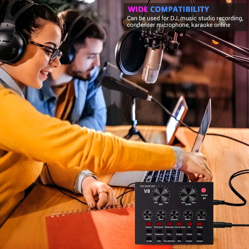 V8 Sound Card & V10 Sound Card Bluetooth Audio Mixer & Voice Changer - 12 Sound Effects Lithium Rechargeable Battery - For Live Streaming & Broadcasting & Podcast - Compatible With PC Computer - Black