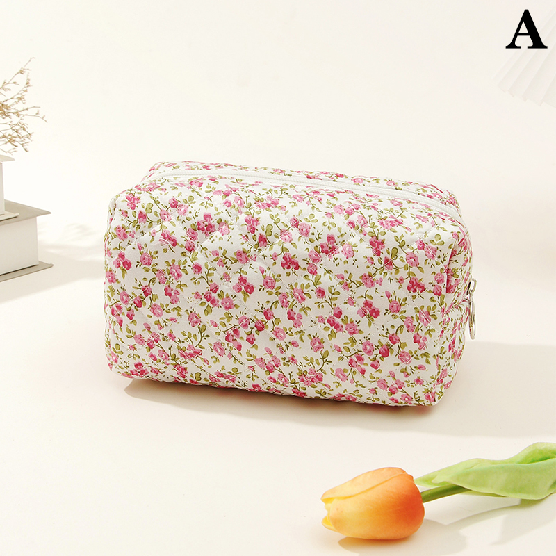 Floral Makeup Bag Puffy Quilted Flower Printed Storage Organizer