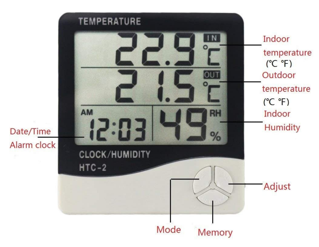 3 In 1 Digital LCD Temperature Humidity Meter - Indoor/Outdoor Room Thermometer Clock Hygrometer With Alarm Clock (IMPORTED) HTC 1