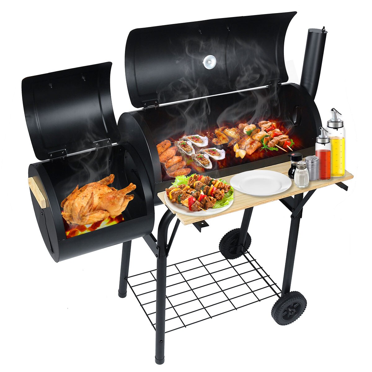 Portable Garden Outdoor Barbecue Charcoal Grill Rack Smoker with Wheels