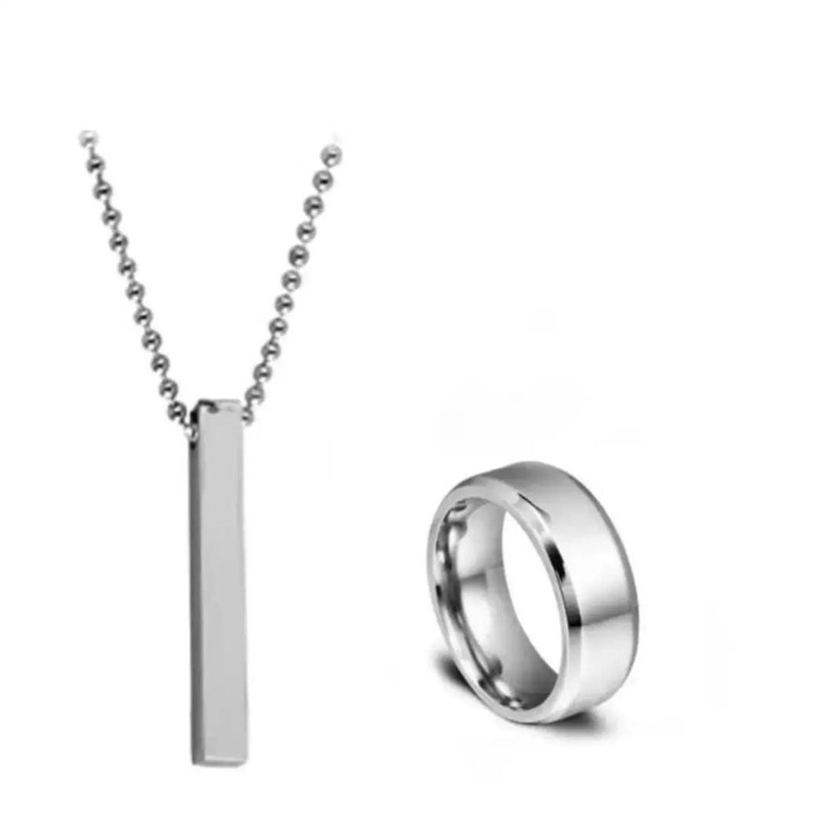 Silver Titanium Finger Ring With Cuboid Rectangle Neck Pendant Chain Necklace For Boys And Men (Pack Of 2)