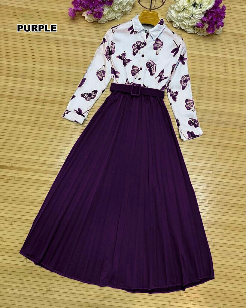 Paristaan Stitched Butterfly Printed Top With Skirt & Belt 2Pc Dress For Girls