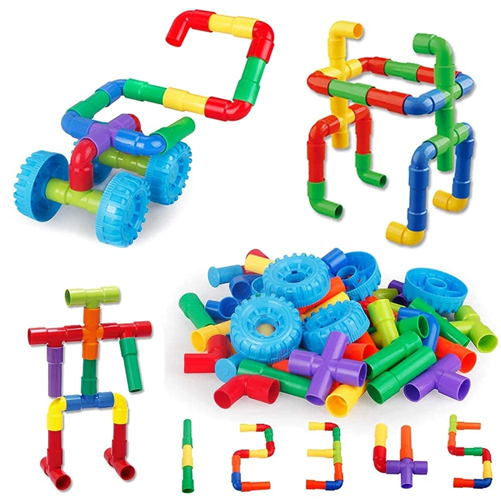 Encourage your child's creativity with the 42 Pieces Creative Pipe Building Blocks Set. This colorful DIY construction toy allows kids to build endless shapes, vehicles, animals, and imaginative structures while improving problem-solving skills and hand-e