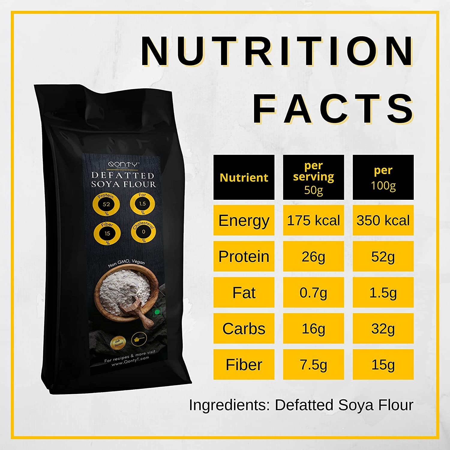 Qonty Defatted Soya Flour | 52% Protein, 1.5% Fat | 8 gm Protein Per Roti | No Preservatives | Gluten Free | Rich in Micro Nutrients (1 Kg)