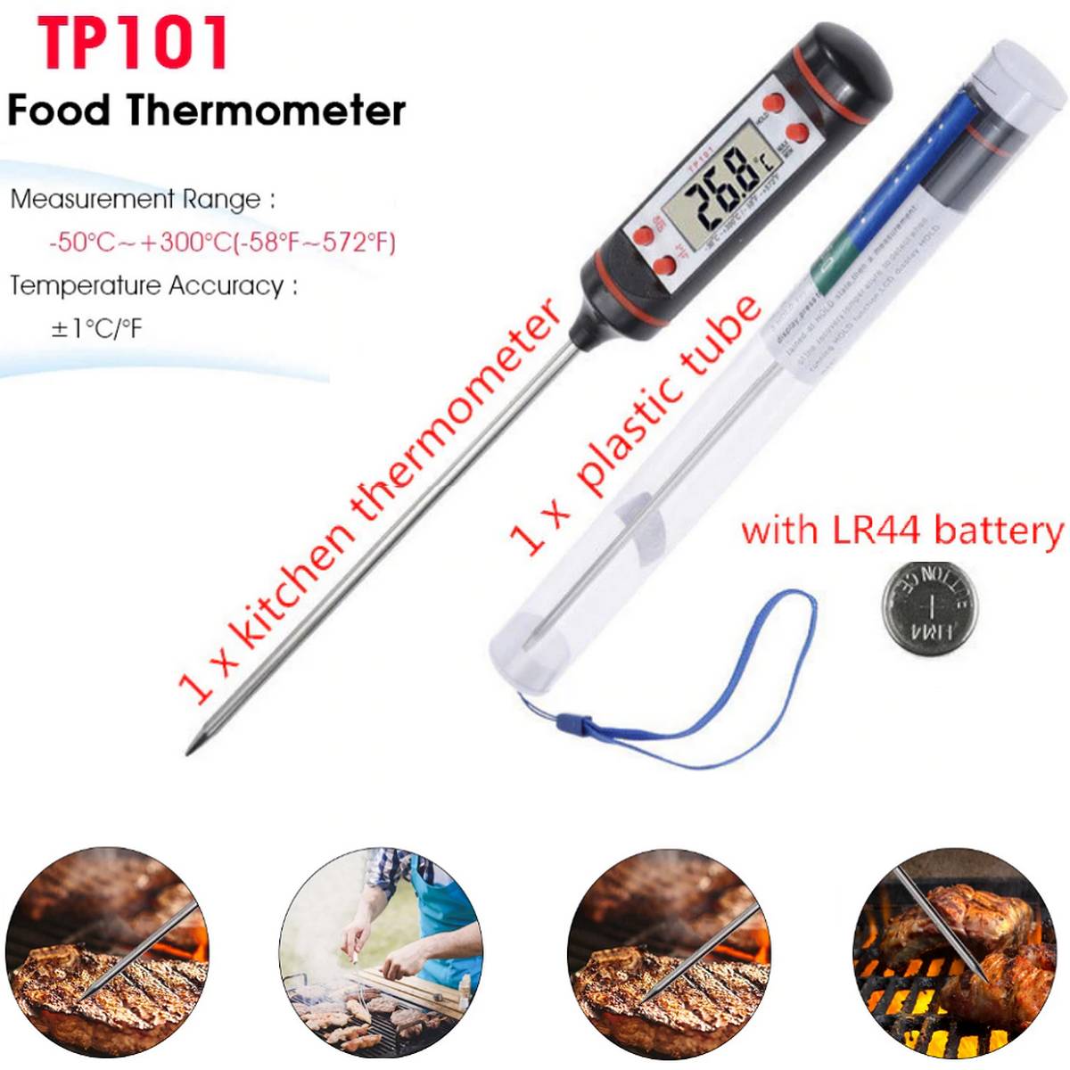 Digital Kitchen Heat Gauge Thermometer For Oven Baked Barbeque BBQ And Fried Food Temperature - Black