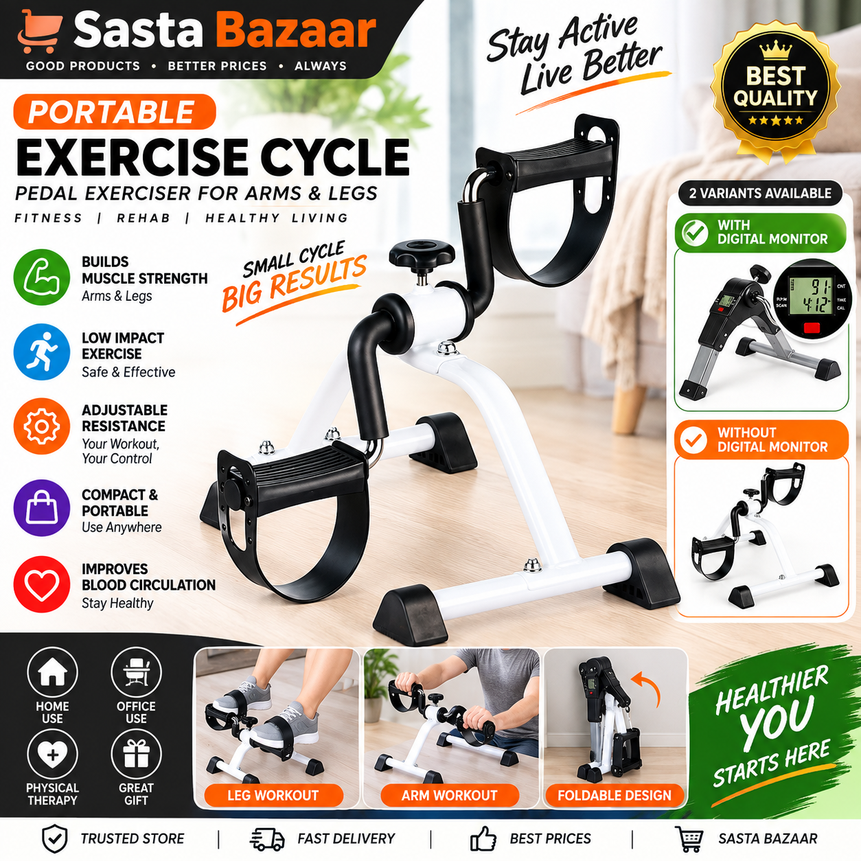 Sasta Bazaar - Exercise Cycle | Portable Pedal Exerciser | Digital Display Monitor & Without Digital Display Monitor | Arm & Leg Workout Machine | Compact Fitness Equipment for Home, Office & Physical Therapy | Adjustable Resistance | Low Impact Exercise