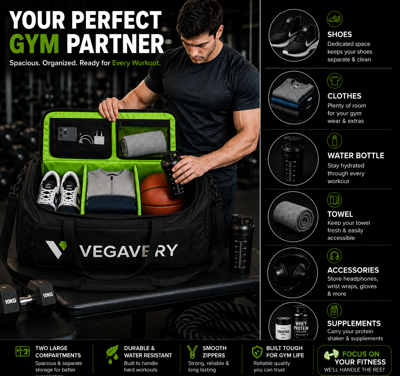 Multipurpose Sports Gym Duffle Bag 50cm  Large Capacity Travel Bag  Basketball Football Fitness Training Bag  Adjustable Dividers  Detachable Shoulder Strap  Black