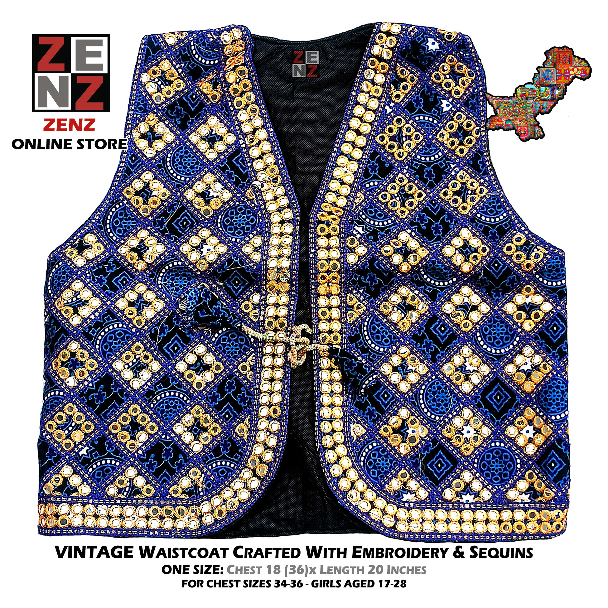 Sindhi Ajrakh Waist Coat Koti for Adult Females crafted with Embroidery & Reflective Sequins Pakistani Embroidered Tradition Wear Waistcoats