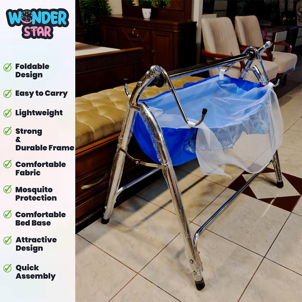 Wonder Star Premium Foldable Baby Cradle Jhoola  Chulungi Style with Mosquito Net  Portable Baby Cot  Chrome Coated Frame  Model 099