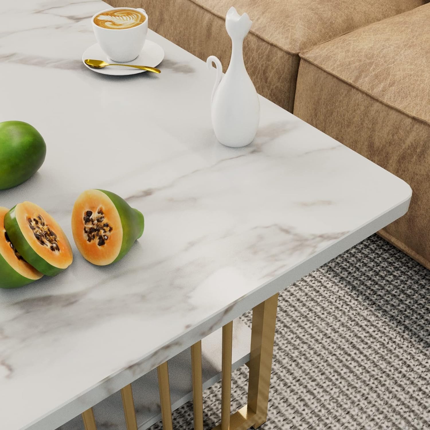 Coffee Table White Faux Marble 2-Tiers Large Rectangular Side End Table with Storage Shelf for Coffee Dinning Living Room Apartment Small Stand Modern Design Furniture Wooden for Couch