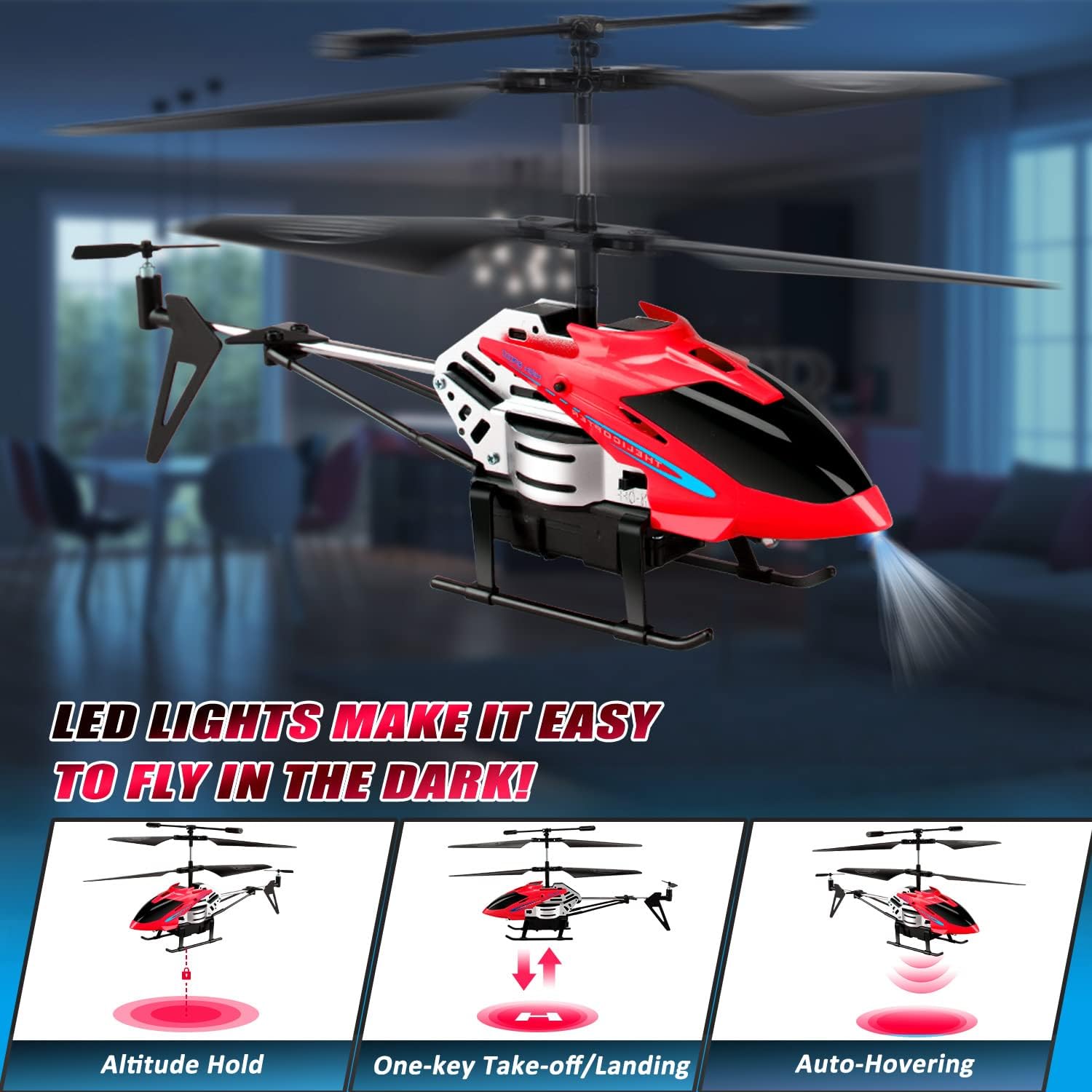 RC Helicopters - Remote Control Helicopter Toys: One-Key Takeoff/Landing, Auto Altitude Hold, LED Light & 3.5CH Gyro Stabilizer, Toys Remote Control Rechargeable Helicopter Two Channel,,Flying helicopter with USB Charging Cable Toy for kids