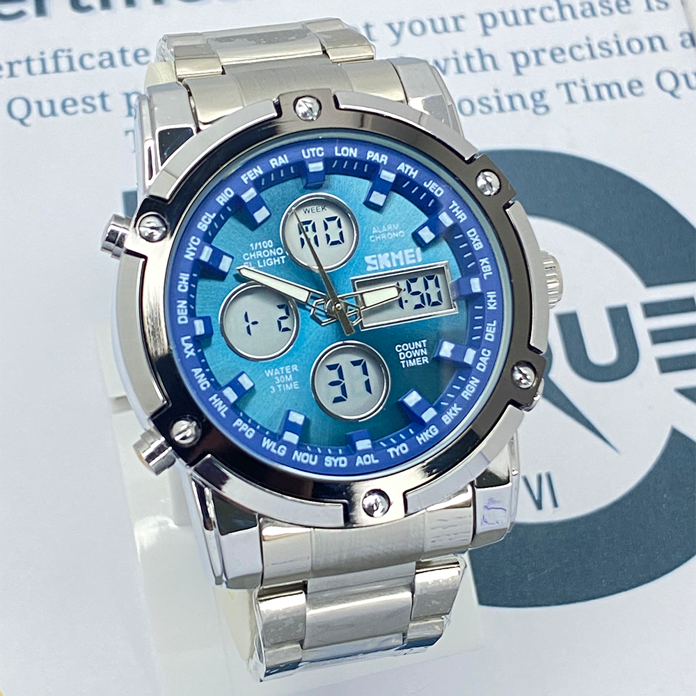 SMK 1389 Dual Time Chain Watch with Analog-Digital Display Stainless Steel Case Waterproof Alarm Stopwatch & LED Light for Men