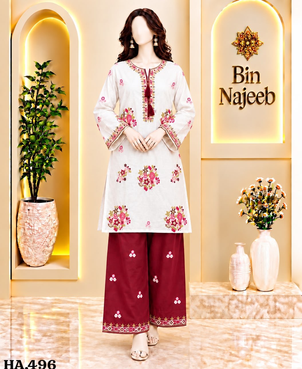 Bin Najeeb Women’s Embroidered 2 Piece Suit – White & Maroon
