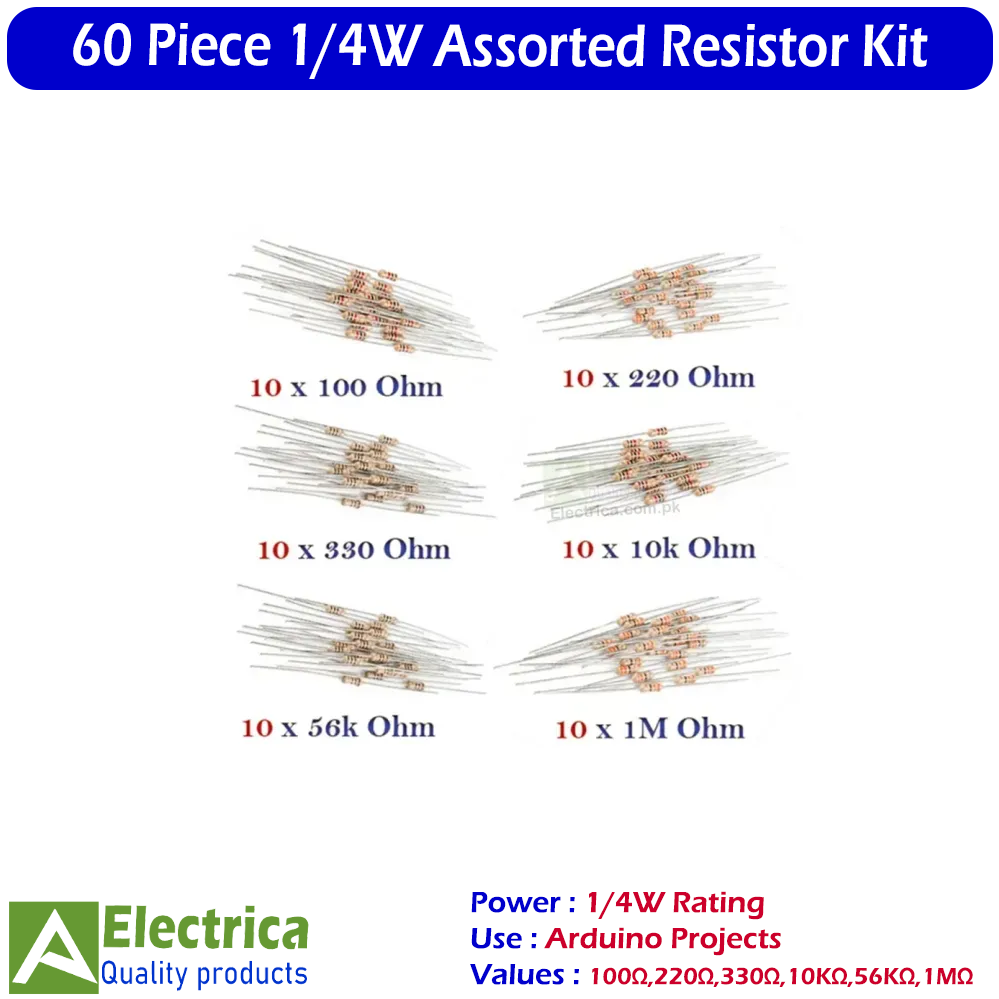 Pack of 60 Resistors 1/4W – Assorted 100Ω, 220Ω, 330Ω, 10KΩ, 56KΩ, 1MΩ (10 pcs each) Through-Hole Carbon Film Resistor Kit for Arduino, DIY Electronics & Repair by Electrica