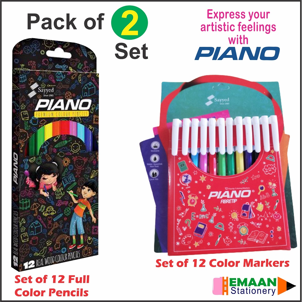 Pack Of 2 Set - Piano 12 Color Full Pencils Set + Piano 12 Color Fiber Tip Marker Set