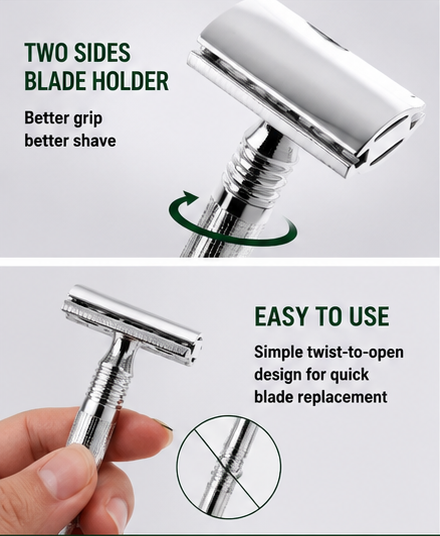 Qiang Ren Double Edge Safety Razor for Men & Women, Stainless Steel Reusable Manual Shaving Razor with 1 Premium Double Edge Blade, Classic Wet Shave Grooming Tool, Durable Anti-Slip Handle, Smooth & Comfortable Daily Beard & Body Hair Removal