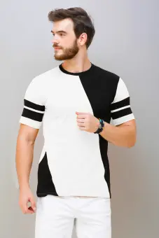 Gentle Fawn White With Black Asmytric Panel Half Sleeve T Shirt For Men Summer Collection White With Black Asmytric Panel Half Sleeve T Shirt For Men Summer Collection Bftt161 Buy Online At