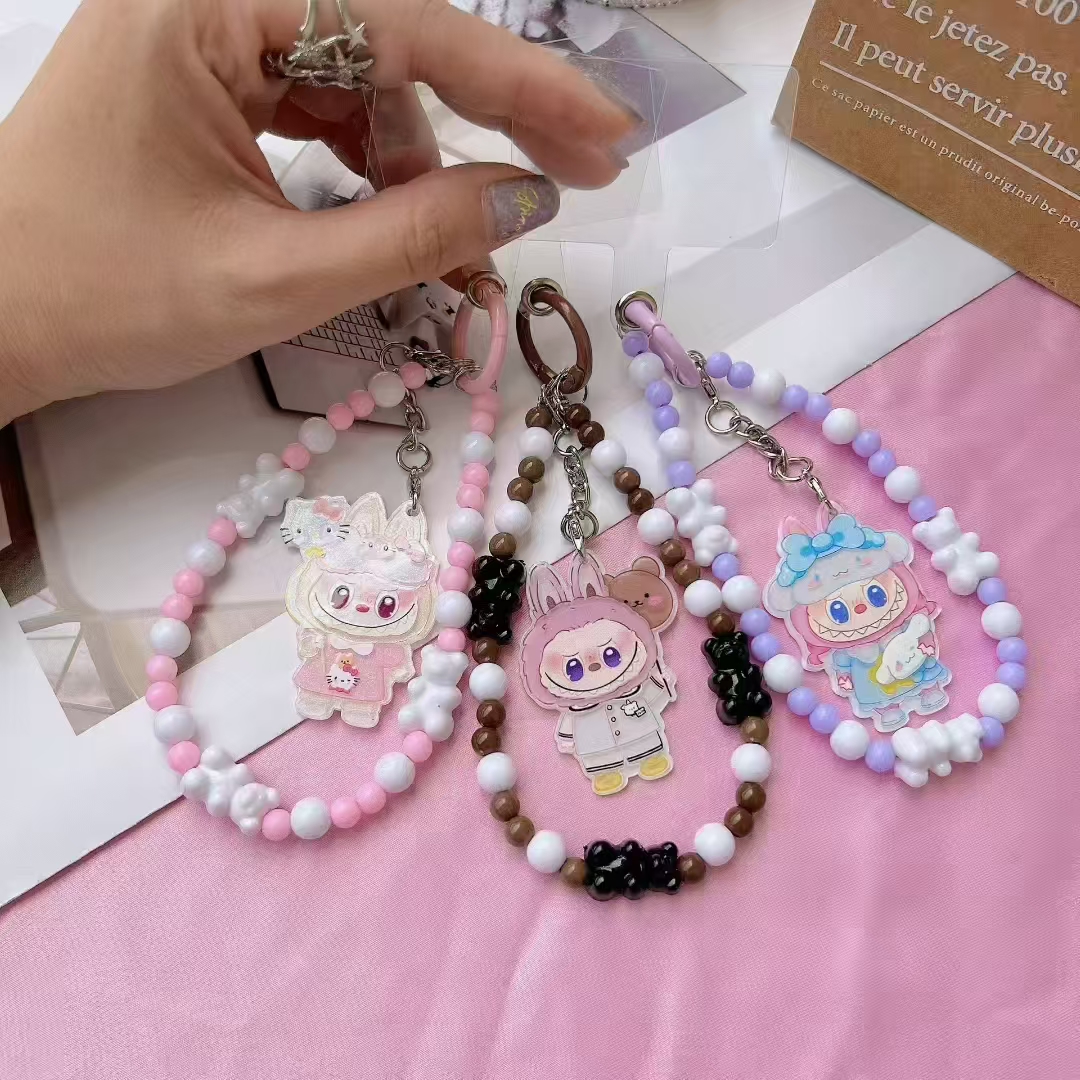 Colorful Flower Beaded Mobile Phone Charm Strap Chain Lanyard Women Girl Jewelry Phone Holder Beads Pendant Cherry - Mobile Charm - Pink