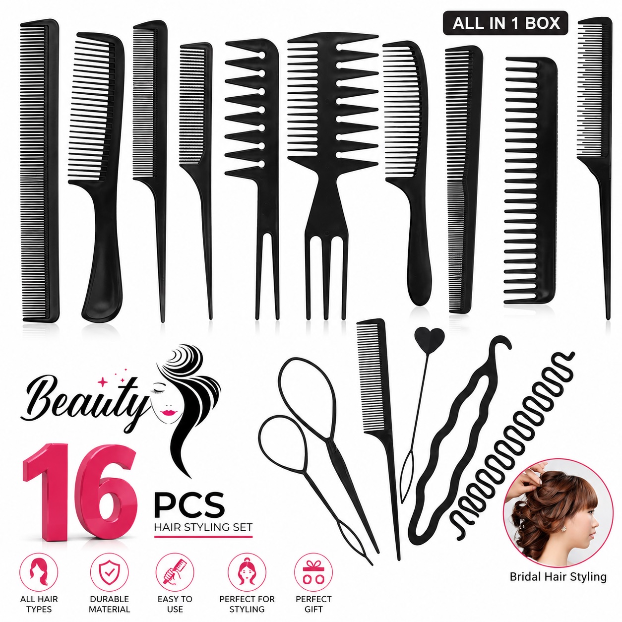 16PCS Professional Hair Styling Comb Set | Hair Braiding Tools Kit with Twister, Hair Loop, Rat Tail Combs, Double Bang Hair Clip & Headband | DIY Hair Accessories for Women & Girls