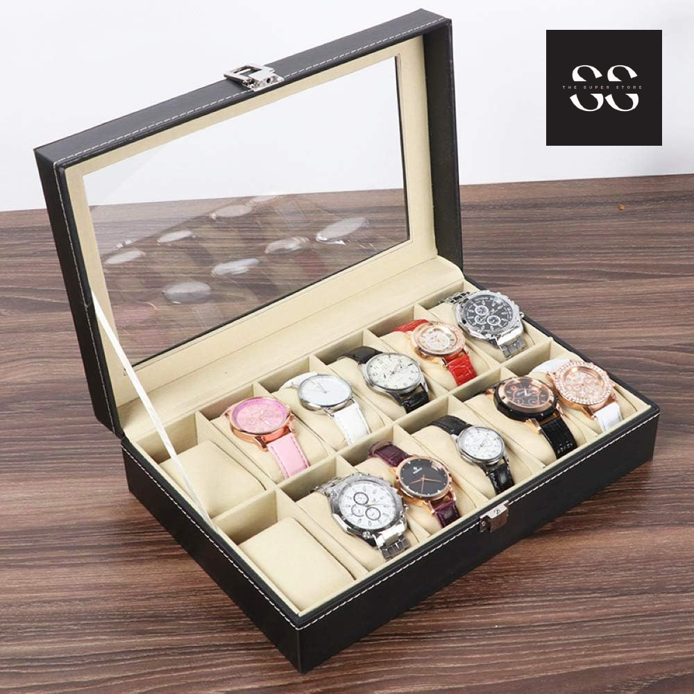 12 Slot Leather Watch Box Display Case Organizer with Framed Glass Lid Elegant Contrast and Removable Pillow for Men and Women Watch and Jewelry Large Holder Boxes