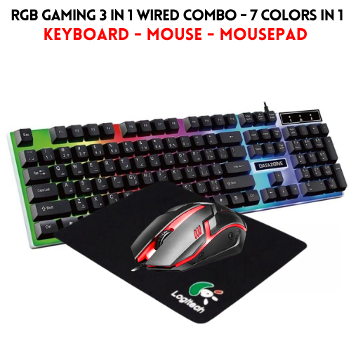 RGB Gaming Keyboard & Mouse Combo - 7 Colour Wired RGB Mouse and Keyboard Set - USB Wired Pack For PC & Laptop - Black & White