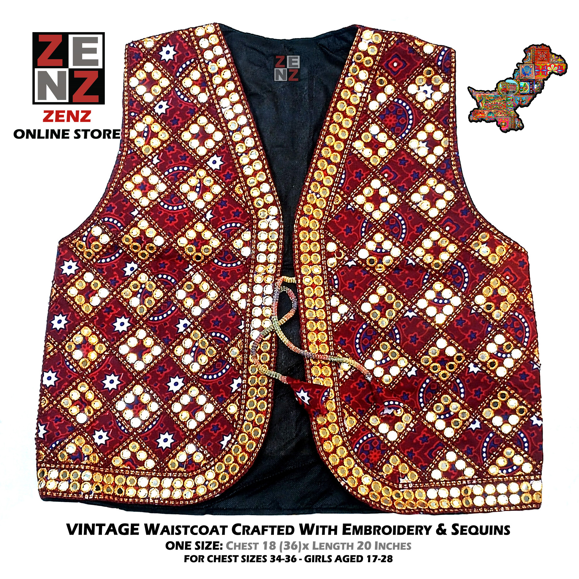 Sindhi Saraiki Multani Ajrak Traditional Cultural Wear Embroidered Waist Coat Koti for Girls & Women by Zenz Pakistani Handicrafts