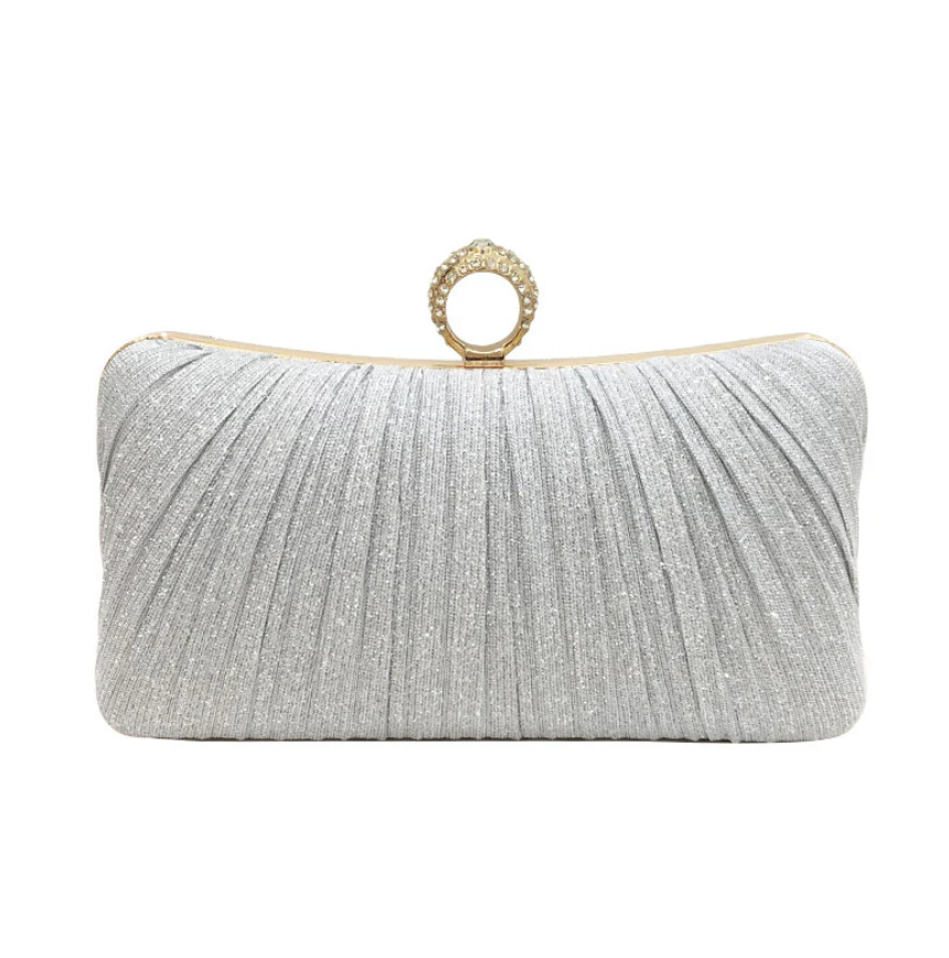 Luxury Pleated Glitter Evening Clutch Bag for Women – Pearl Ring Clasp with Rhinestone Detail | Fancy Bridal Purse for Wedding, Party & Formal Events