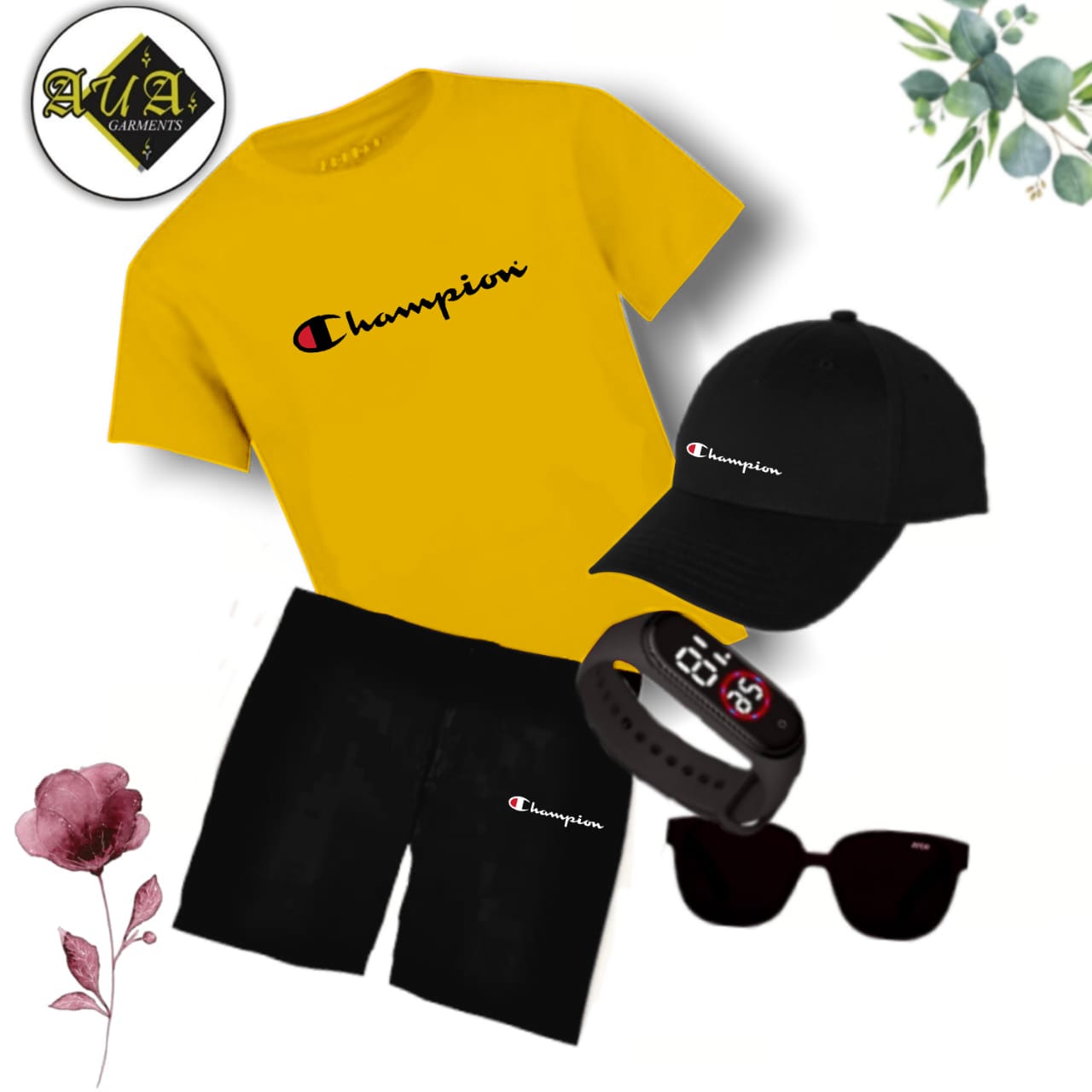 Champion Printed 5 in 1 Tracksuit Package for kids ( T-Shirt+Short+Cap+Watch+Glasses )
