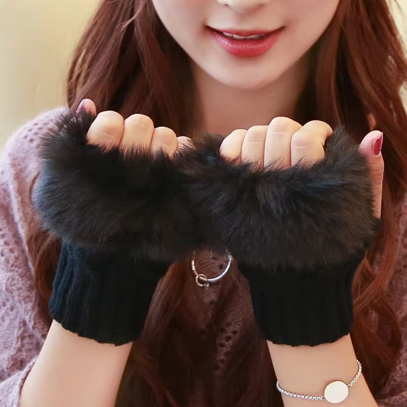Winter Women Gloves Faux Rabbit Fur Arm Warmer Gloves Knitting Wool Mittens Fingerless Gloves Arm Wrist Sleeves Female Gift