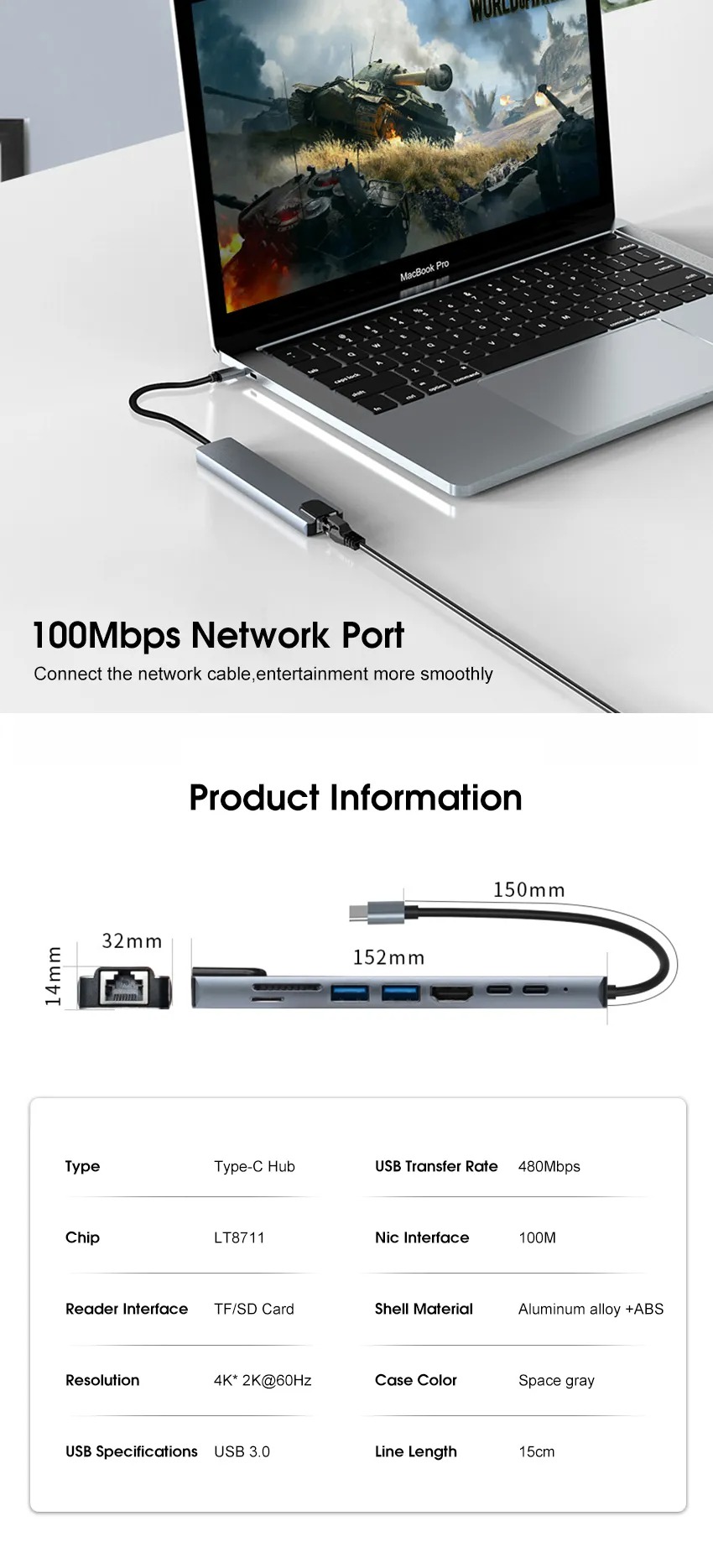 8 in 1 Multi-Port Type C to USB C 4K HDMI Adapter USB 3.0