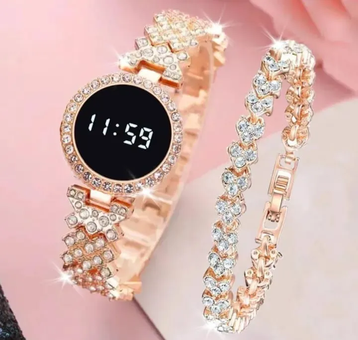Ladies Silver Diamond Digital Touch Screen LED Watch For Women With Bracelet | Stylish Ladies Watches in Round Dial With Diamond Stainless Steel Jewelry Chain | Korean Watches For Girls price in Pakistan
