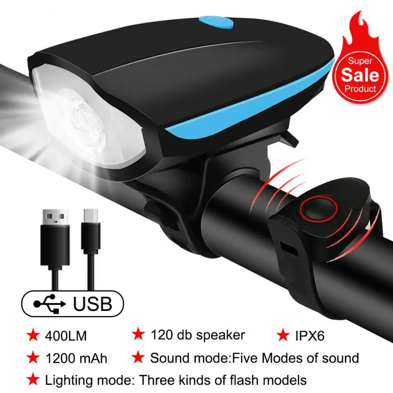 USB Rechargeable Bike Light Set with Horn,1200mAh Super Bright Bicycle Headlight & Taillight, Waterproof Front Light for Cycling