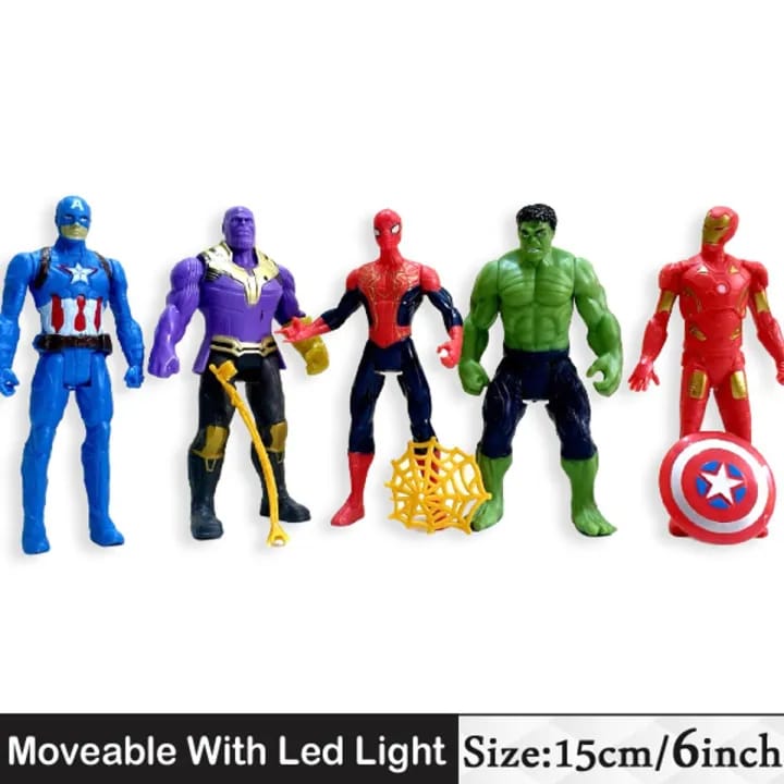 Avengers Superhero Action Figure Toy Set (Set of 5 Superheroes) – 6" Avengers Toy Set featuring 5 Movable Action Figures: Iron Man, Hulk, Spider-Man, Captain America, and Thor. Perfect gift for kids and boys. Each figure includes movable body parts.