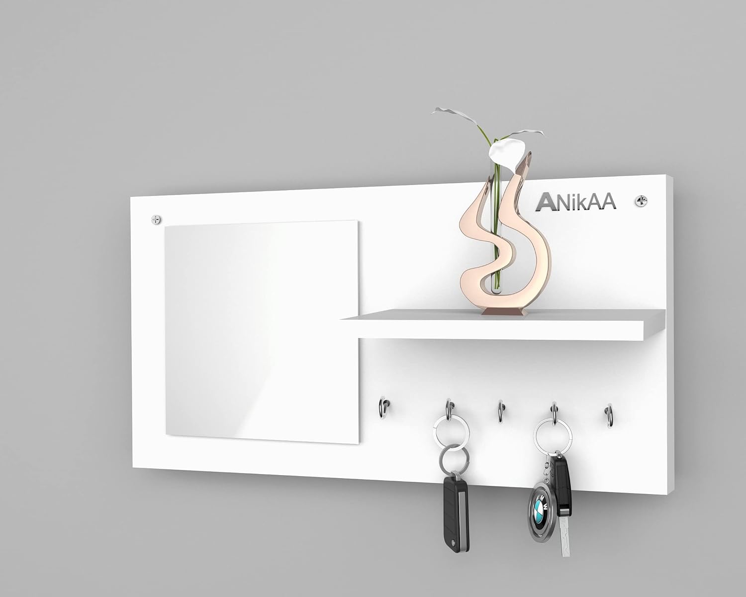 Engineered Wood Droopy wall shelf with 5 key holder with mirror, wooden shelf organizer key holder with shelf, Wall Mounted Key Holder, Wall Hang Key Holder