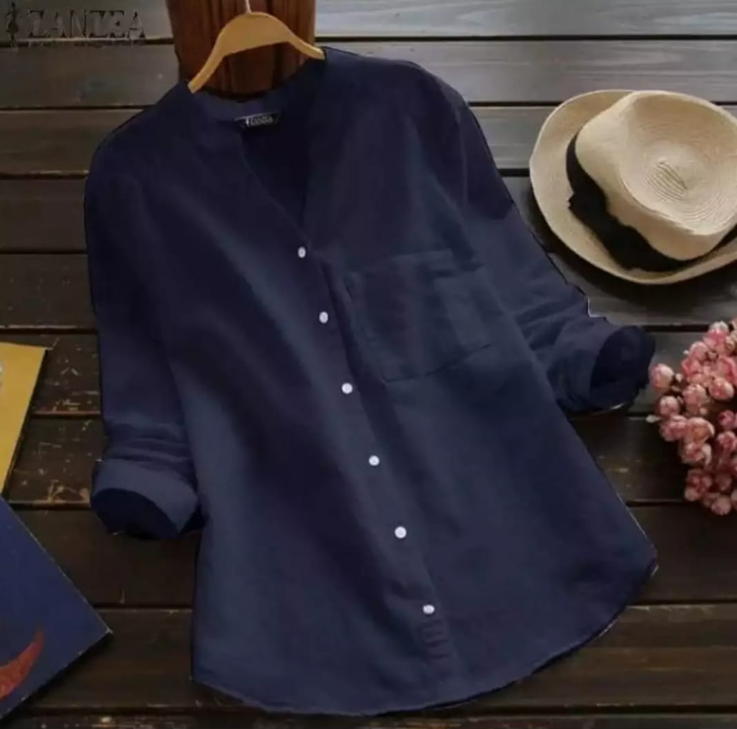 Women V Neck Long Sleeve Cotton Linen 