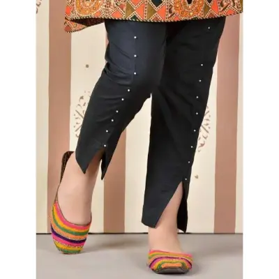 Floral Embroidered Bottom Skin Cotton Plain Trousers - Zamani.pk