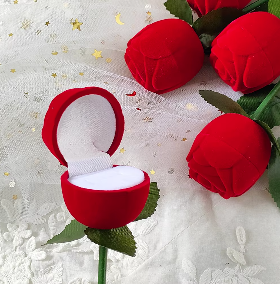 Romantic Red Rose Ring Box, Engagement Wedding Jewelry Gift Box, Valentine's Day Decoration Supplies, 1pc