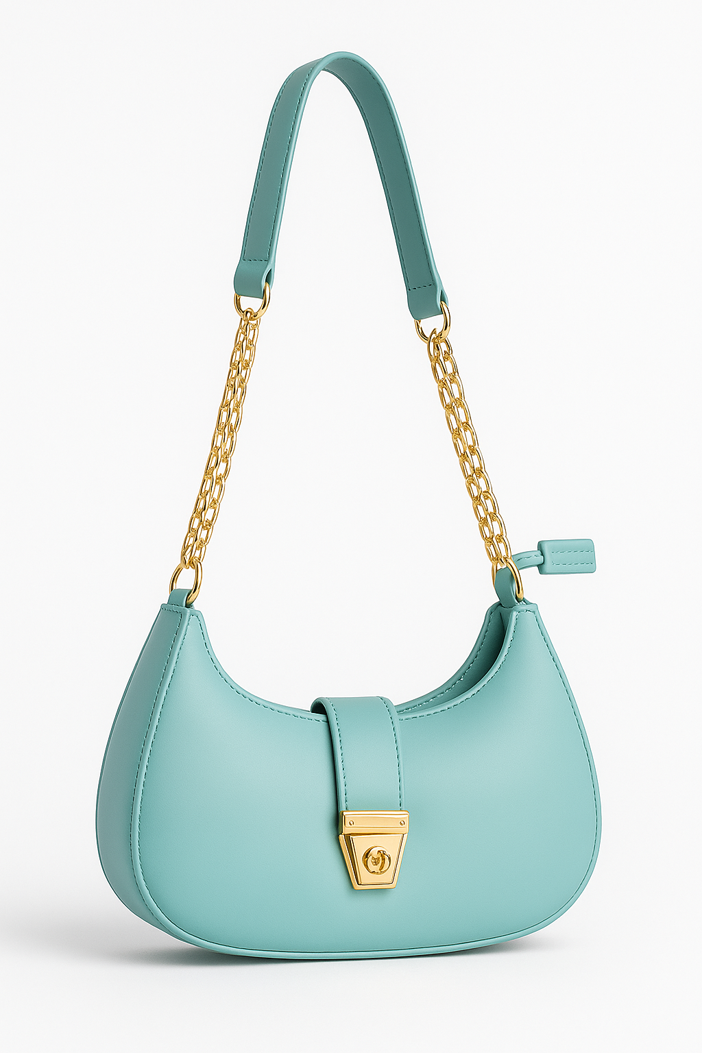 Trendy Faux Leather Crescent Bag – Gold Chain & Turn-Lock